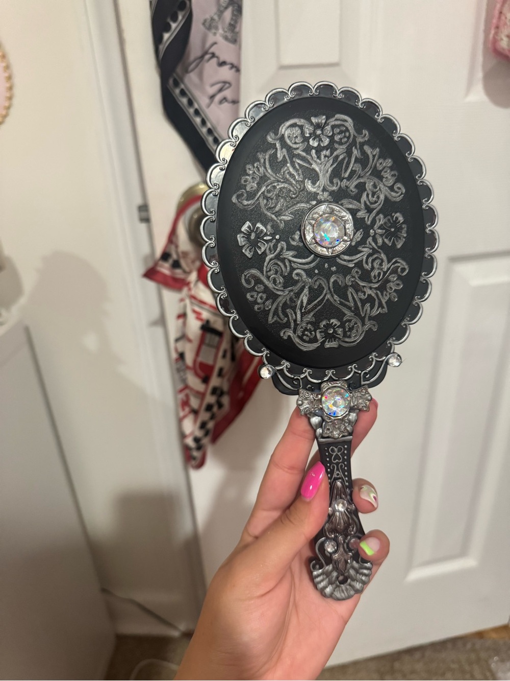 Gothic iridescent handmade Black Hand Mirror with Silver Filigree & Rhinestones